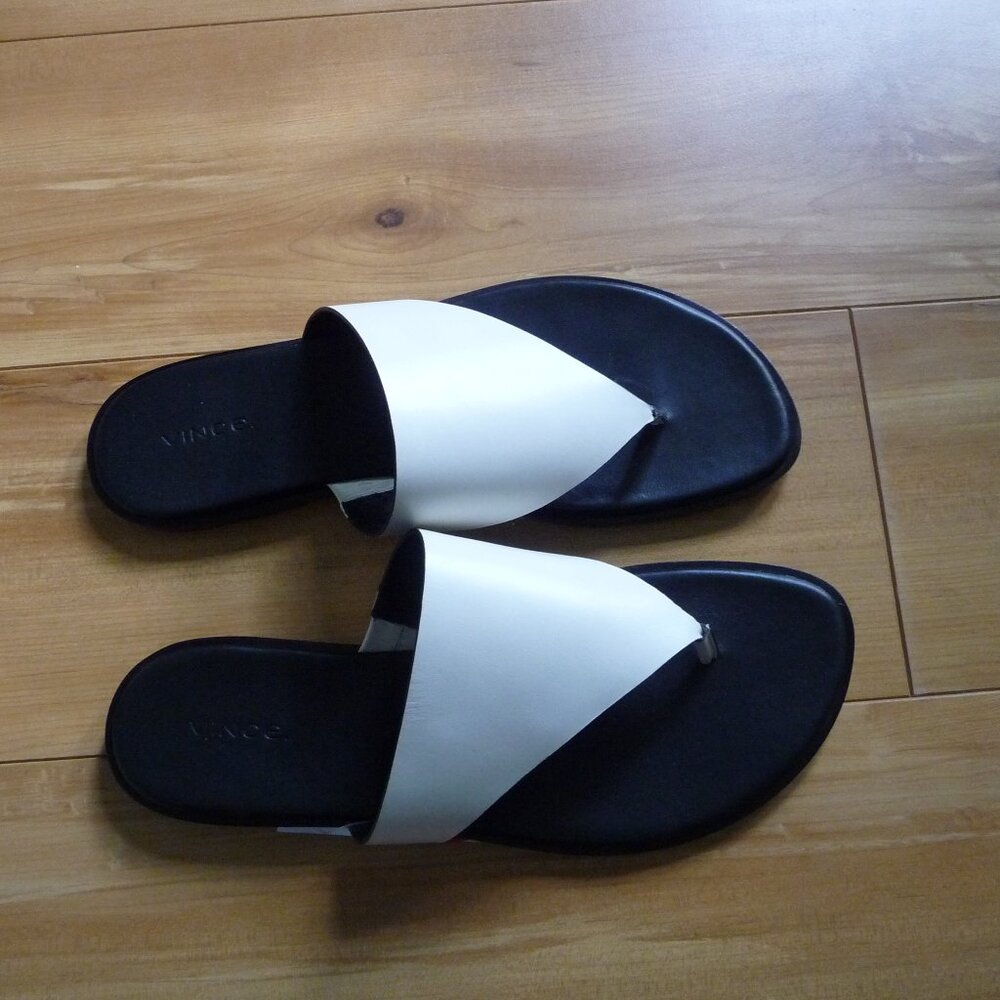 VINCE ELLIS CLASSIC OFF-WHITE BLACK  GENUINE LEATHER FLIP-FLOPS SIZE 10 NEW
